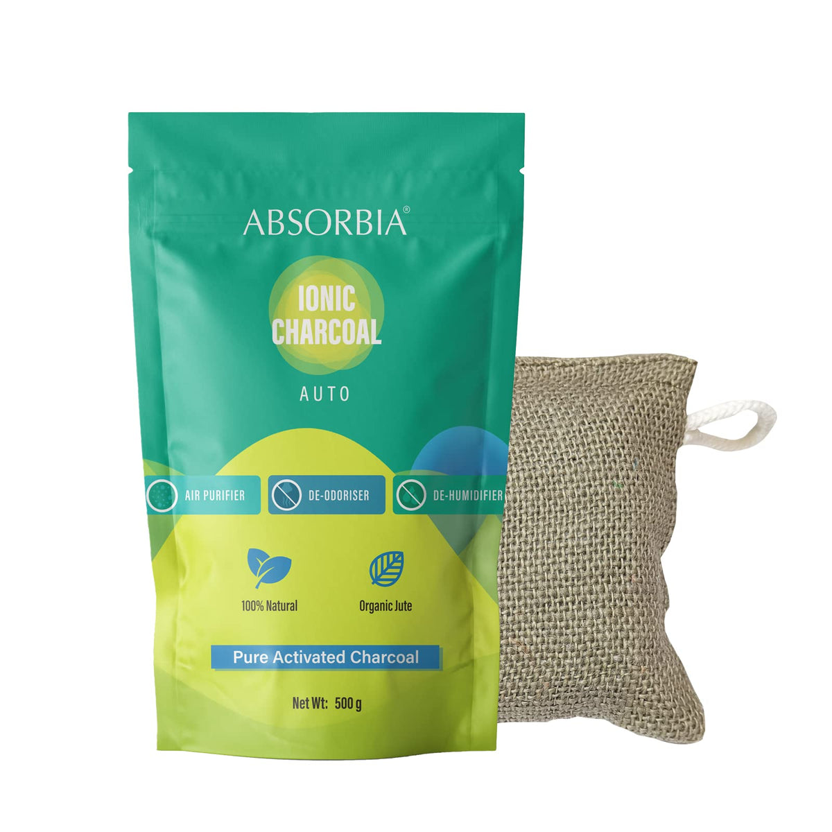 ABSORBIA IONIC AUTO Pure Activated Charcoal Air Purifier bag, made with Organic Jute | Natural Deodorizer and Dehumidifier for Car Rooms Fridge Shoes etc | 500 Gms