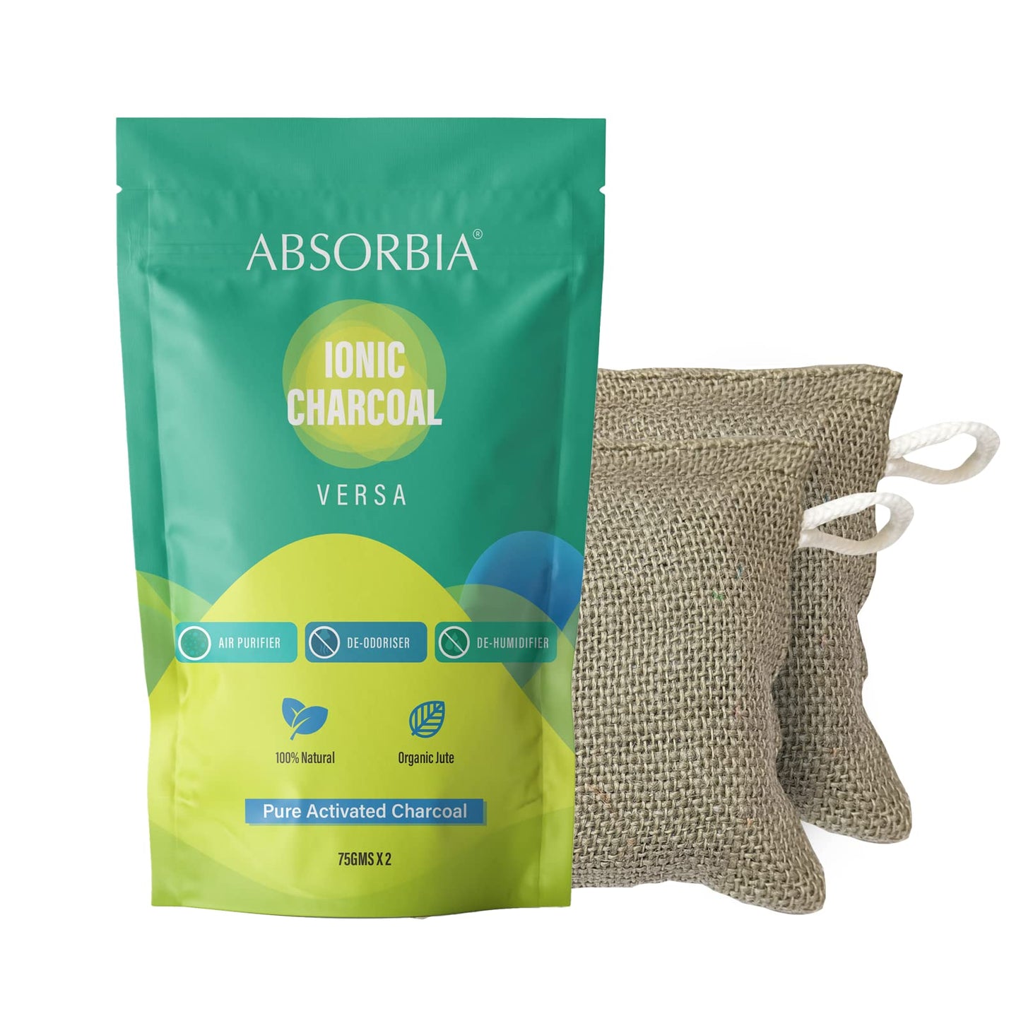 ABSORBIA Ionic Versa Pure Activated Charcoal Air Purifier, made with Organic Jute Bag | Natural Deodorizer and Dehumidifier for Car Rooms Fridge Shoes etc | 75 Gms x 2 Bags