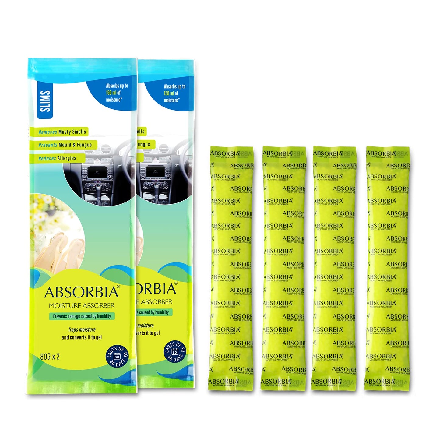 Absorbia Moisture Absorber Slim Sachet, Dehumidifier for Cars, Drawers, Bed boxes & Shoe Racks, Fights Against Mould, Fungus & Musty Smells, Blue, 160 ml, Pack of 4