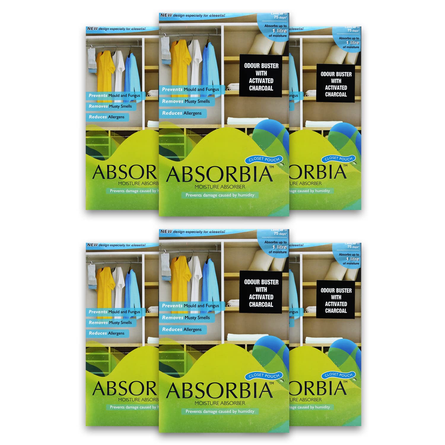 Absorbia Moisture Absorber Hanging Pouch with Activated Charcoal| Season Pack of 6 (440 gms X 6 pouches) | Absorption Capacity 1000ml Each| Dehumidifier for Wardrobe, Closet & Bathroom| Fights Against Moisture, Mould, Fungus & Musty Smells