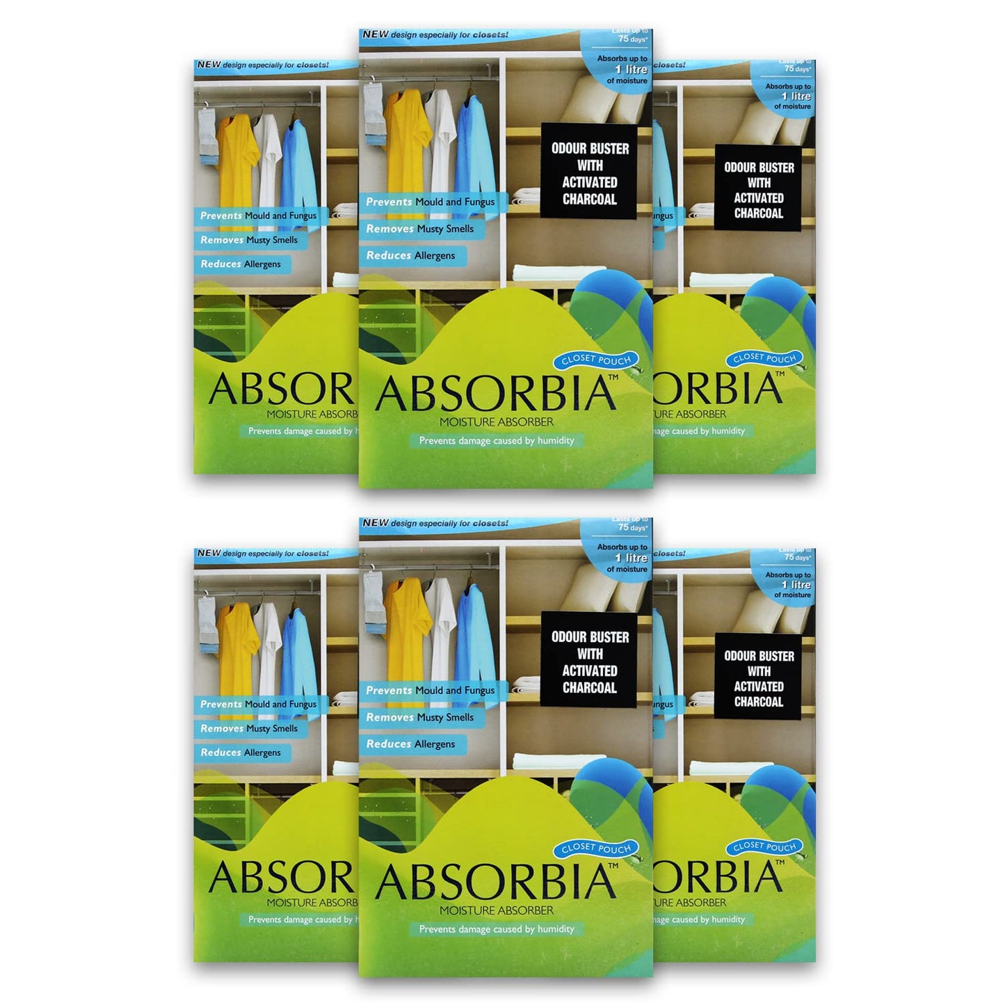 Absorbia Moisture Absorber Hanging Pouch with Activated Charcoal Season Pack of 6 (440 gms X 6 pouches) | Absorption Capacity 1000ml Each| Dehumidifier for Mould, Fungus & Musty Smells