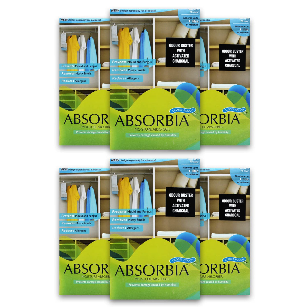 Absorbia Moisture Absorber Hanging Pouch with Activated Charcoal Season Pack of 6 (440 gms X 6 pouches) | Absorption Capacity 1000ml Each| Dehumidifier for Mould, Fungus & Musty Smells