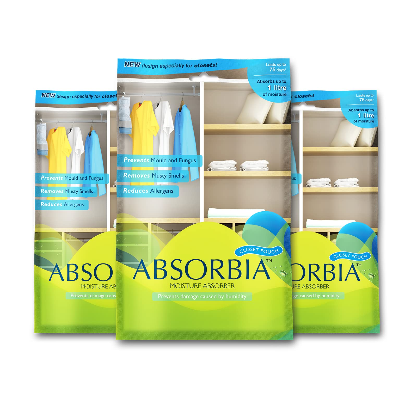 Absorbia Moisture Absorber|Absorbia Hanging Pouch - Family Pack of 3(440 g X 3 Pouches)| Absorbs 1000ml Each | Dehumidifier for Wardrobe, Closet and Bathroom| Fights Against Moisture, Mould, Fungus