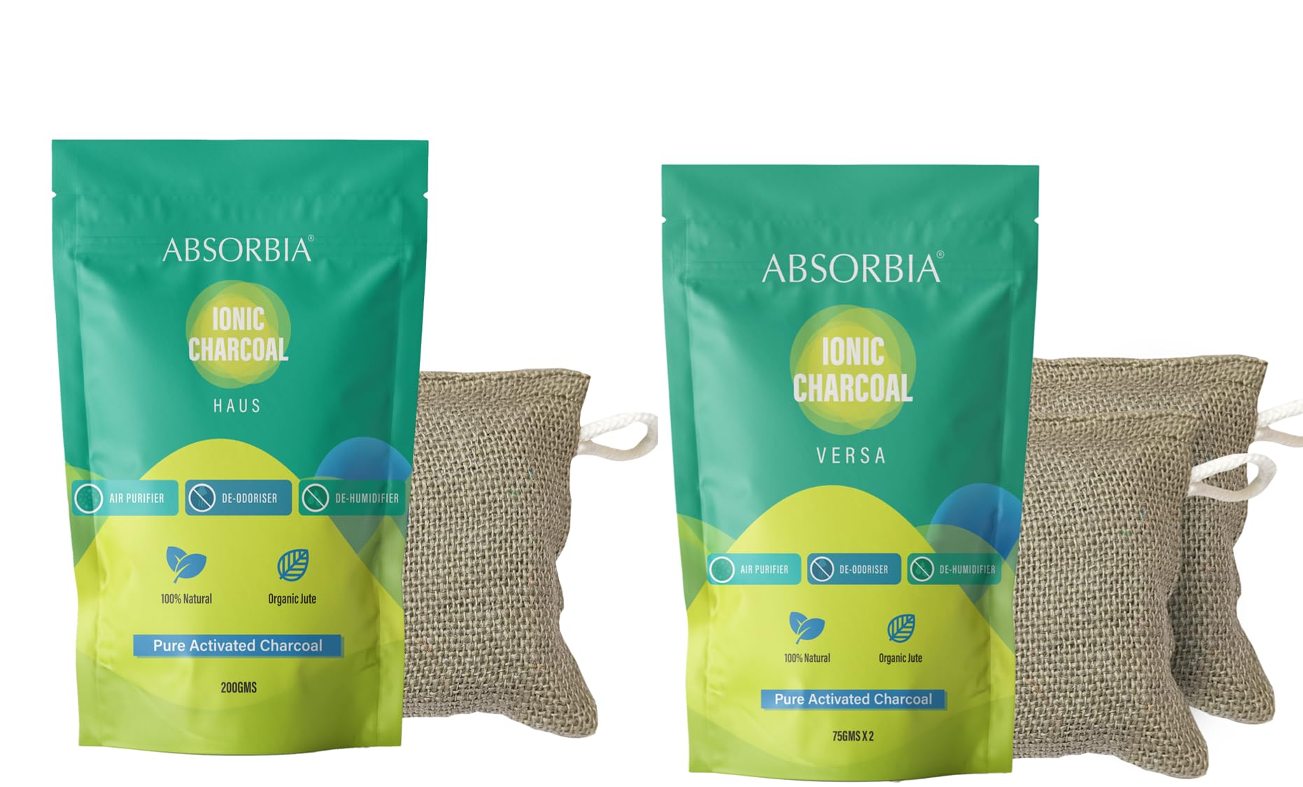 Absorbia Charcoal Bag (75gx2) & ABSORBIA IONIC HAUS Pure Activated Charcoal Air Purifyer, made with Organic Jute Bag |Natural Deodorizer and Dehumidifier for Car Rooms Fridge Shoes etc 200 Gms…
