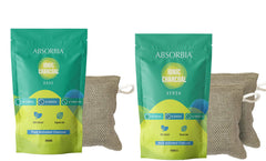 Absorbia Charcoal Bag (75gx2) & ABSORBIA IONIC HAUS Pure Activated Charcoal Air Purifyer, made with Organic Jute Bag |Natural Deodorizer and Dehumidifier for Car Rooms Fridge Shoes etc 200 Gms