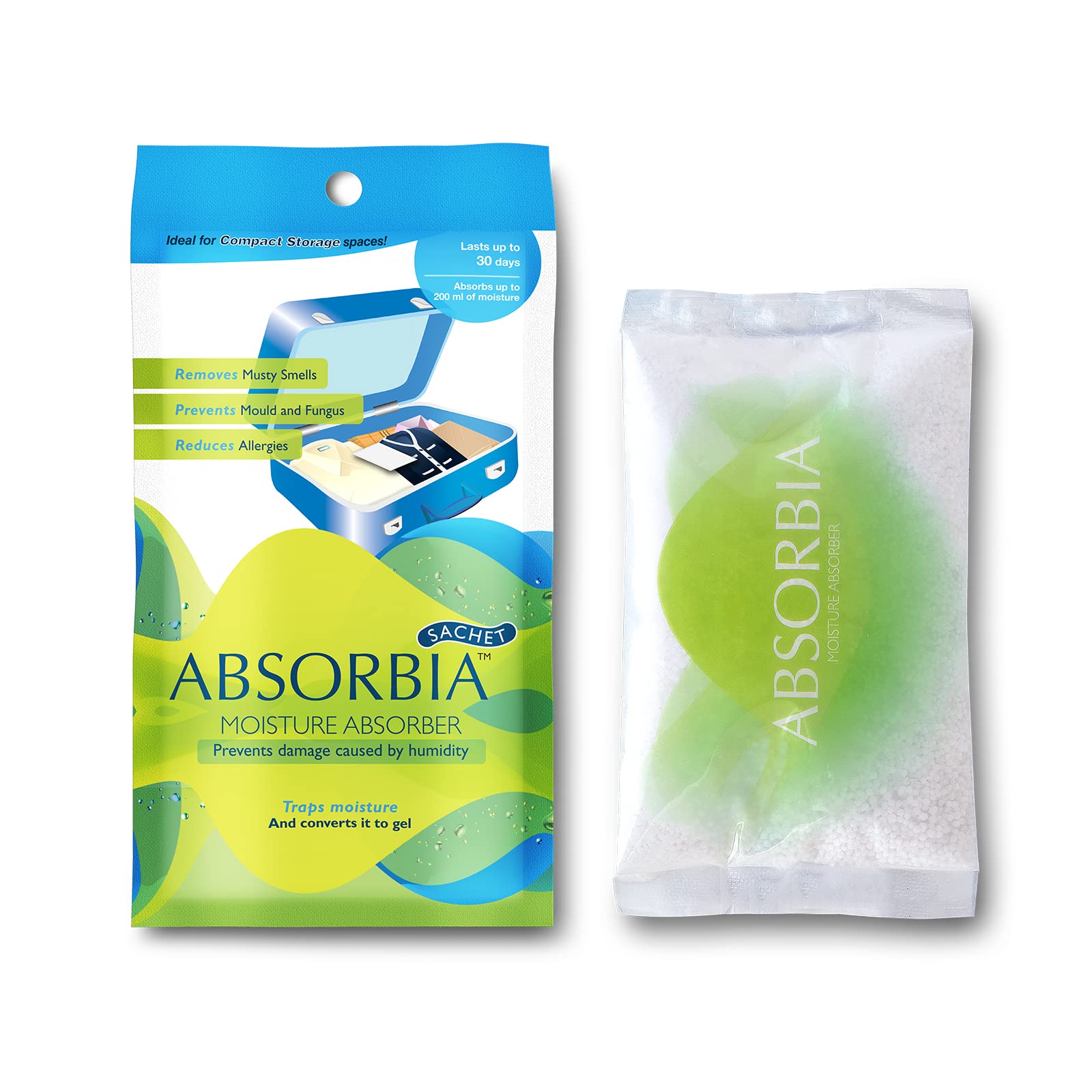 Absorbia Moisture Absorber Sachet - Pack of 6 (Absorbs 200ml Each)|Dehumidier for Bags, Suitcases Drawers|Absorbia Golf Gel Air Freshener - Pack of 2 (100g X 2 pcs)|Water based, Low VOC & pDCB free……