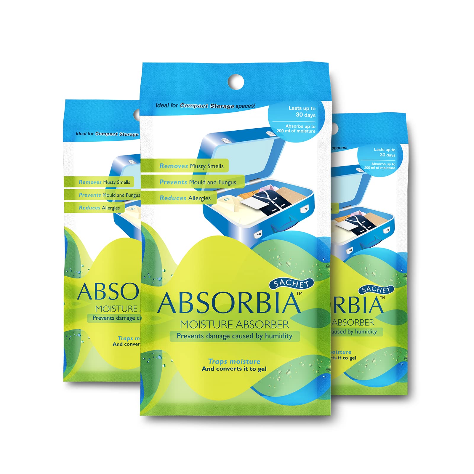 Absorbia Moisture Absorber | Absorbia Sachet - Pack of 3 (200ml Each) & ABSORBIA IONIC HAUS Pure Activated Charcoal Air Purifyer, made with Organic Jute Bag 200 Gms