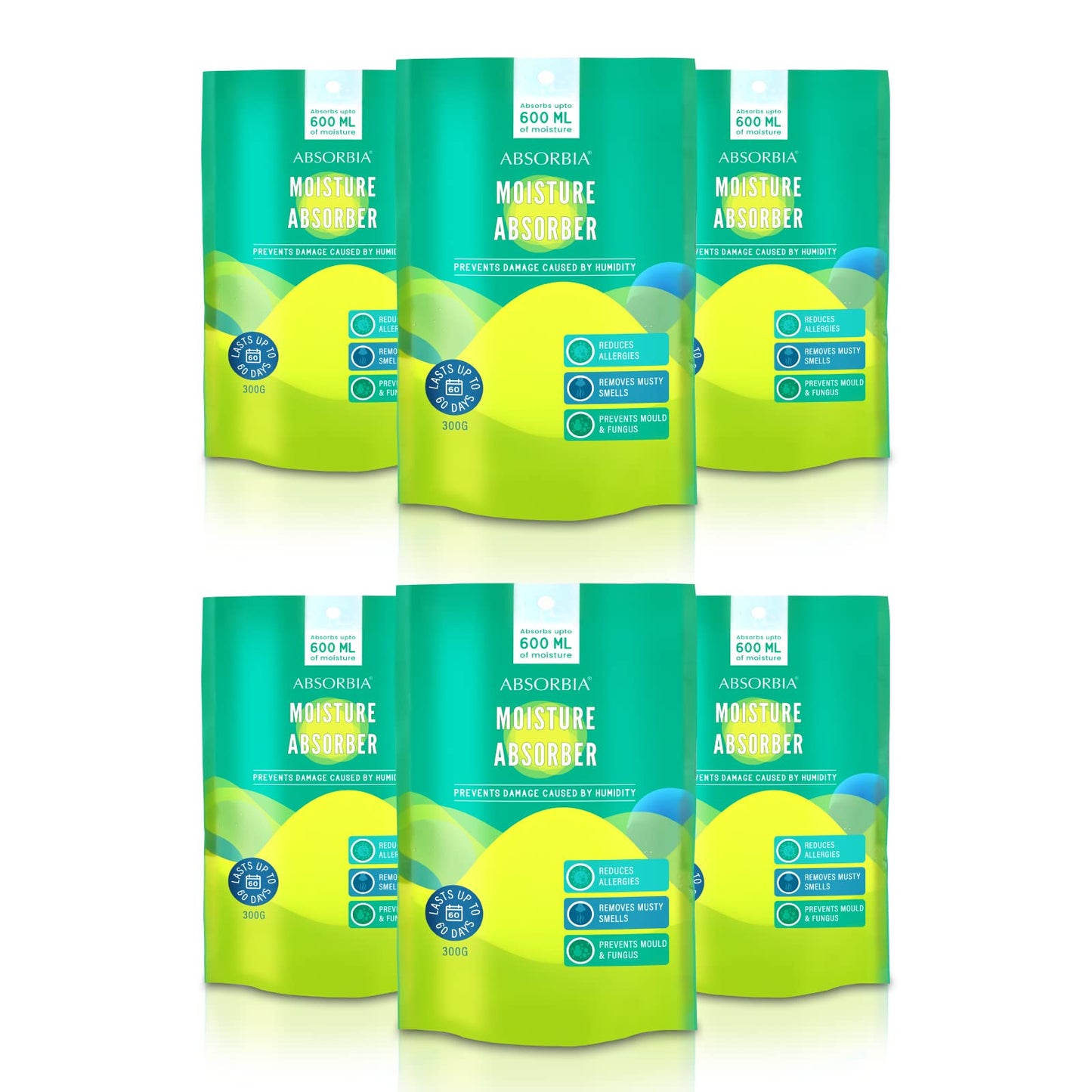 Absorbia Moisture Absorber | Stand up Closet Pouch - Pack of 6 (600ml Each) Absorption Capacity|Dehumidifier for Wardrobe & Cupboards | Fights Against Moisture, Mould, Fungus & Musty smells