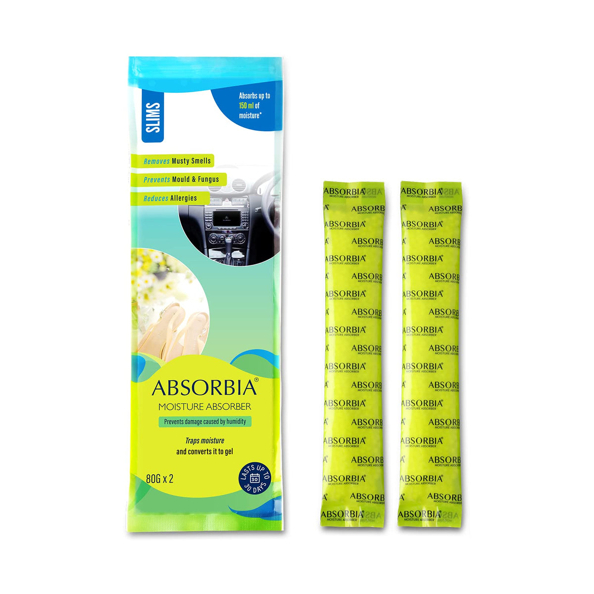 Absorbia Moisture Absorber Sachet -Pack of 6 (200ml Each) | Dehumidifier for Bags, Suitcases & Absorbia Odour Neutralizer & Air Freshener Fabric + spaces Refresher, for cars and living spaces (500 ML)