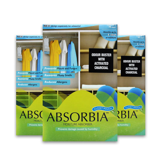 Absorbia Moisture Absorber Hanging Pouch with Activated Charcoal| Family Pack of 3 (440 gms X 3 pouches) | Absorption Capacity 1000ml Each| Dehumidifier for Wardrobe, Closet & Bathroom| Fights Against Moisture, Mould, Fungus & Musty Smells