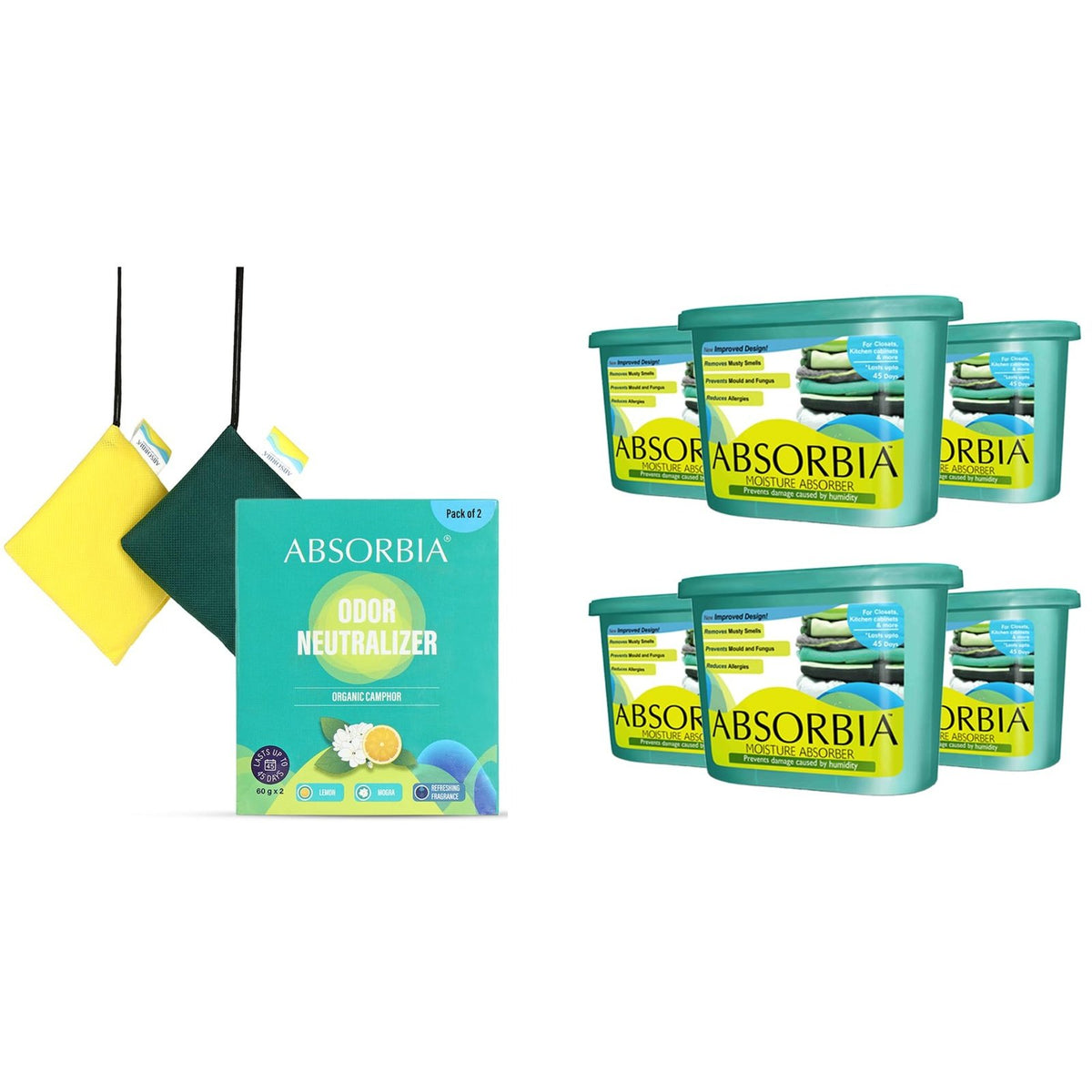 Absorbia Moisture Absorber Classic Box -Pack of 6 (600ml Each) | Dehumidier for Wardrobe, Cupboards Closets & ABSORBIA Natural Camphor Unique Diamond shape|60g each Pack of 2, (Mogra and Lemon)