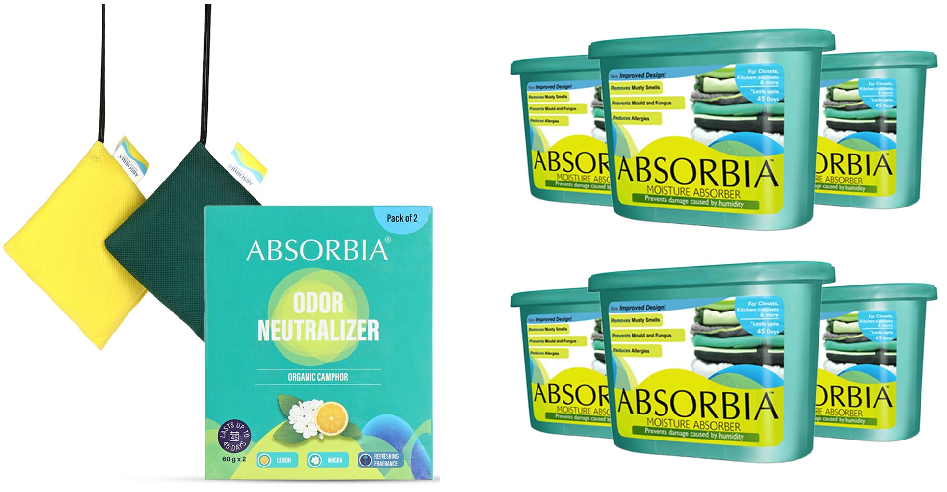 Absorbia Moisture Absorber | Absorbia Classic (300 gms X 6 boxes)- Season Pack of 6 | Absorption Capacity 600ml Each|Dehumidier for Wardrobe etc (Season Pack with Camphor)
