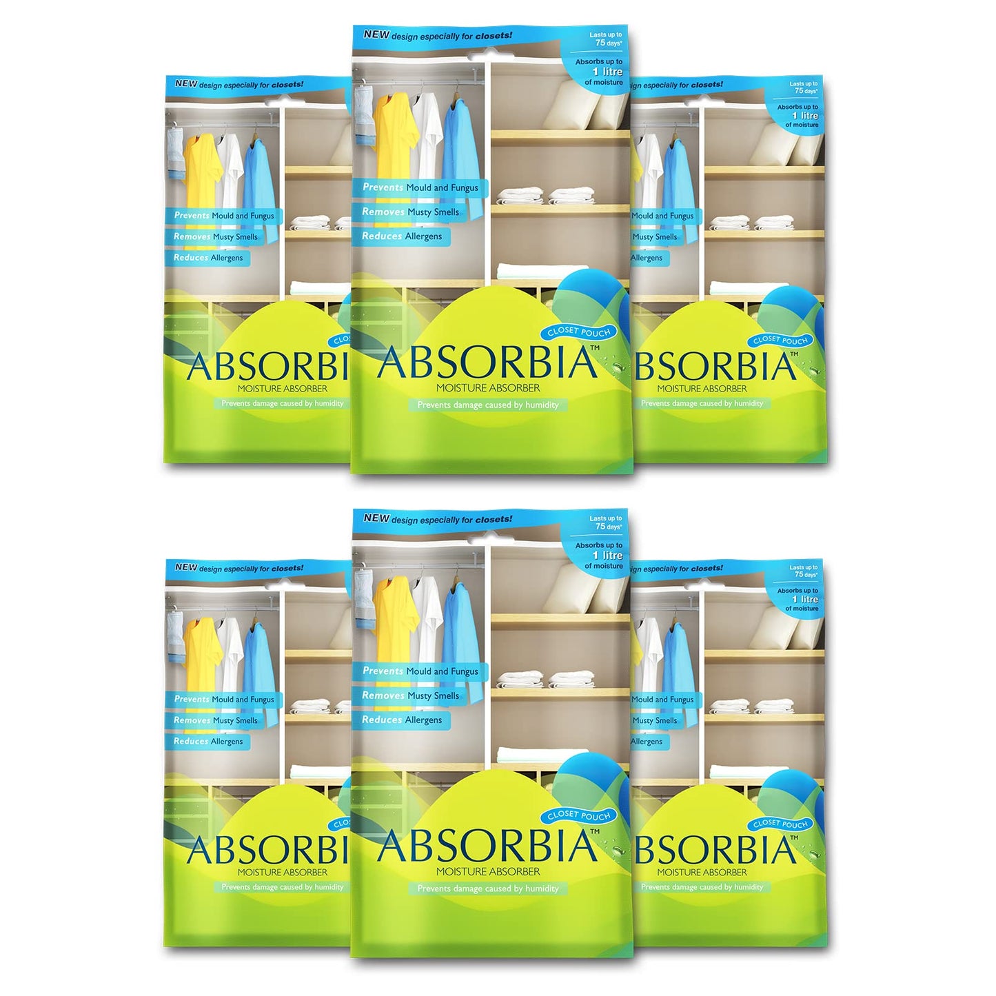 Absorbia Moisture Absorber| Absorbia Hanging Pouch - Season Pack of 6 (440 gms X 6 Pouches) | Absorption Capacity 1000ml Each | Dehumidifier for Wardrobe, Closet & Bathroom| Fights Against Moisture, Mould, Fungus & Musty Smells