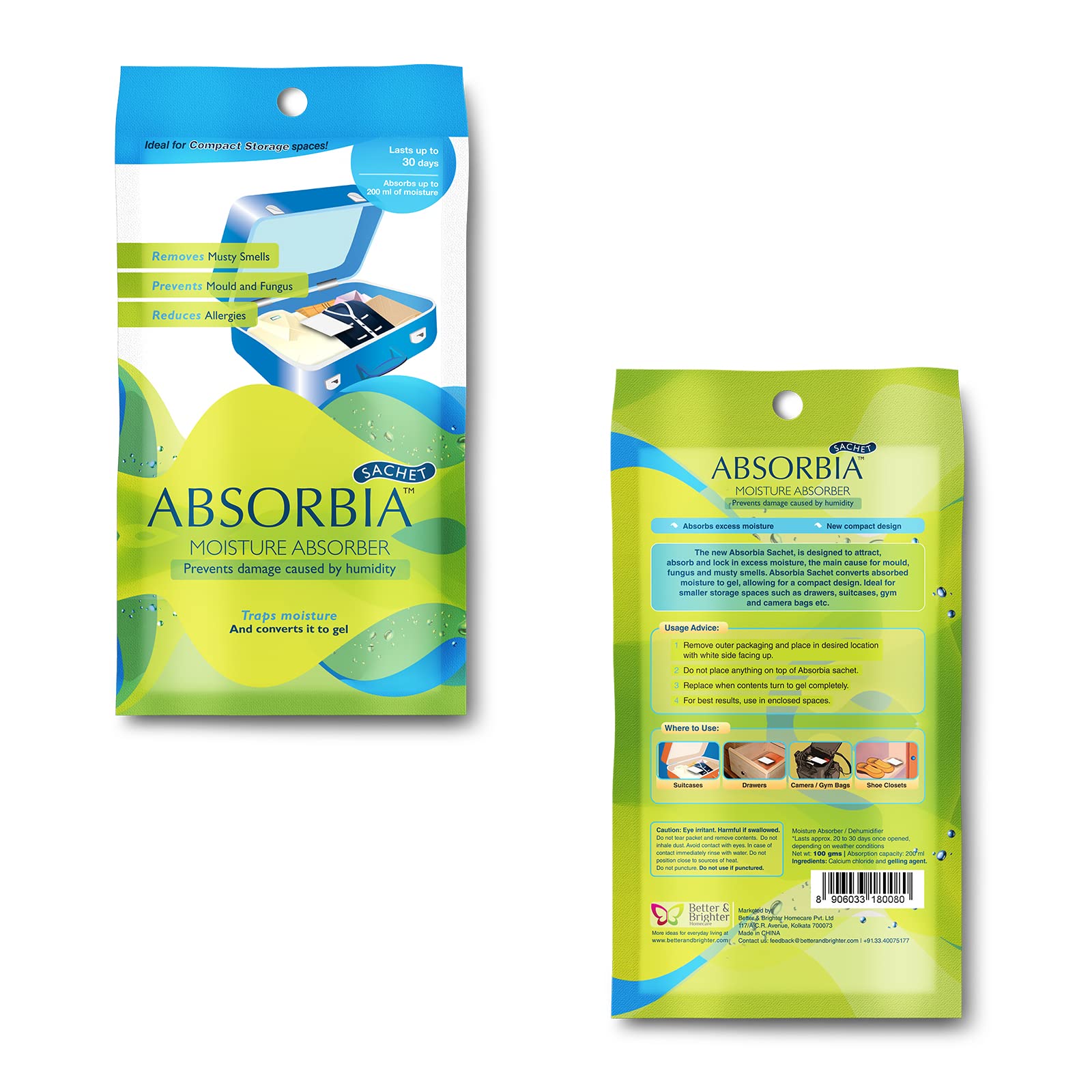 Absorbia Moisture Absorber| Absorbia Sachet(100g X 3 Sachet) - Family Pack  of 3 |Absorbs 200ml Each | Dehumidier for Bags, Suitcases & Drawers 