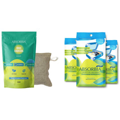 Absorbia Moisture Absorber | Absorbia Sachet - Pack of 3 (200ml Each) & ABSORBIA IONIC HAUS Pure Activated Charcoal Air Purifyer, made with Organic Jute Bag 200 Gms