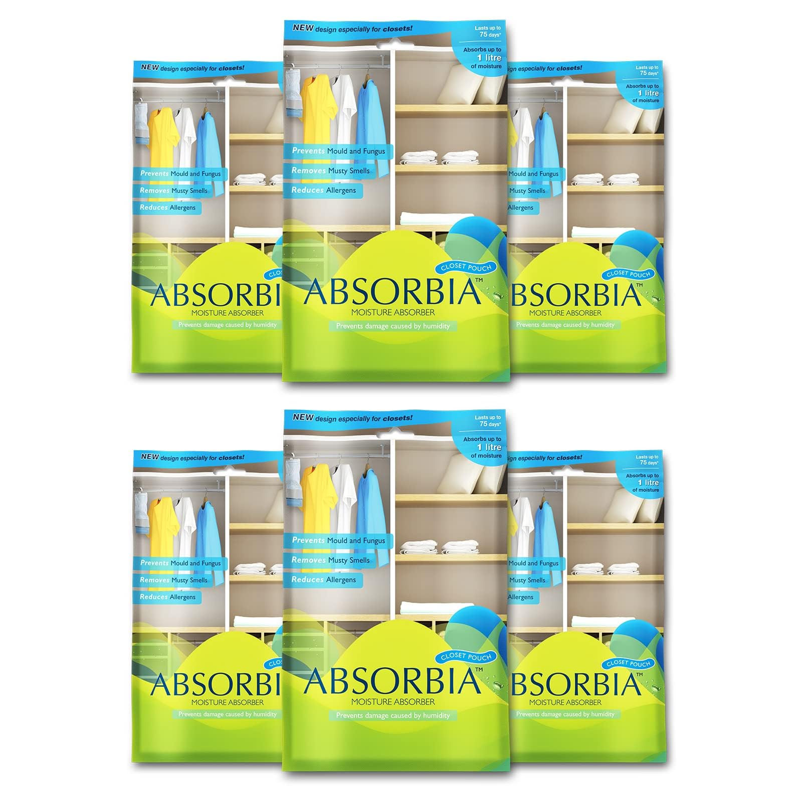 Absorbia Moisture Absorber| Absorbia Hanging Pouch - Season Pack of 48 (880ml Each) | Dehumidifier for Wardrobe, Closet Bathroom| Fights Against Moisture, Mould, Fungus Musty Smells…