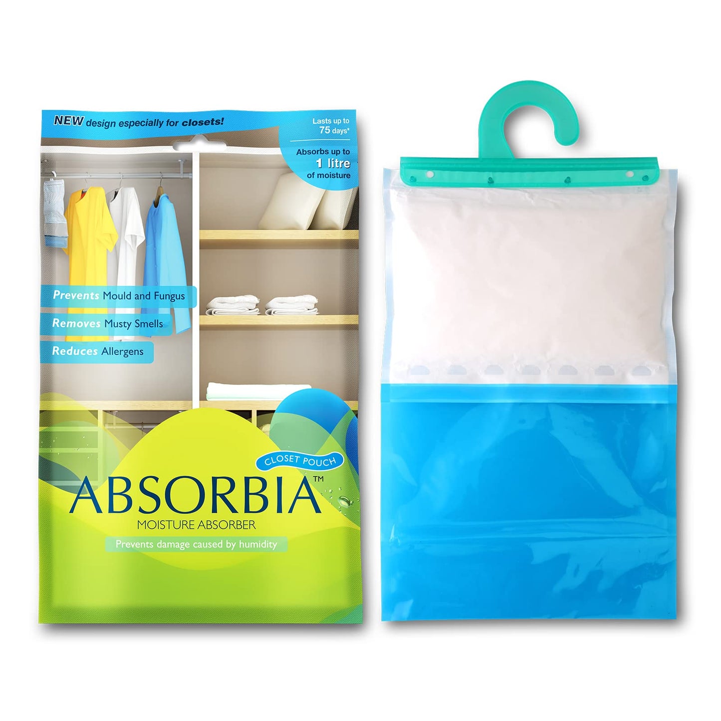 Absorbia Moisture Absorber| Absorbia Hanging Pouch - Season Pack of 96 (880ml Each) | Dehumidifier for Wardrobe, Closet Bathroom| Fights Against Moisture, Mould, Fungus Musty Smells…