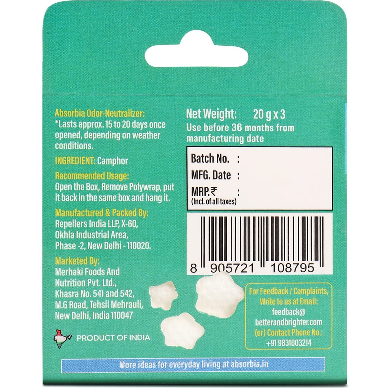 Absorbia Natural Camphor 20G X 3 | Compact | For Room, Car, bathrooms, cupboards and shoe closets | Natural Air Freshener & Bug repellent