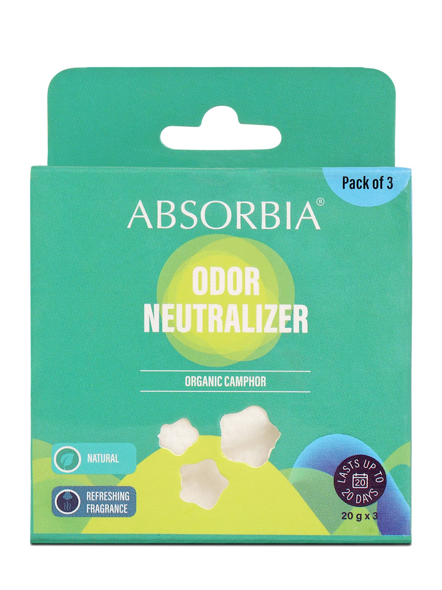 Absorbia Natural Camphor 20G X 3 | Compact | For Room, Car, bathrooms, cupboards and shoe closets | Natural Air Freshener & Bug repellent